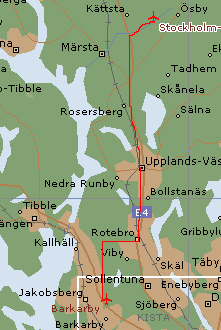 10. Arlanda ESSA - Barkarby ESKB Flyg sydväst till E4:an. Följ E4:an söderut till Rotebro. Vid COOP Forum parkeringen, sväng västerut och flyg utmed Stäketvägen till Masten.