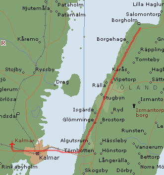 16. Borglanda ESMB - Kalmar ESMQ Följ vägen/ölands västra kust. Följ Ölandsbron till Kalmar. Flygplatsen ligger strax väster om Kalmar centrum och vid fint väder är den tydligt synlig redan från bron.