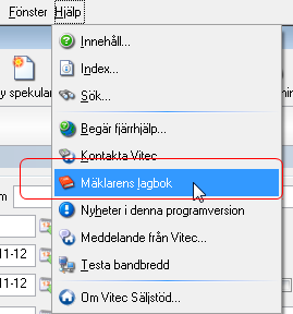 Förbättringar i Hjälpmenyn Kontakta Vitec Via Hjälpmenyn kan du kontakta Vitec. Här kan du nu även e-posta till vår kundservice. Mäklarens lagbok Under Hjälp har vi lagt in Mäklarens lagbok.