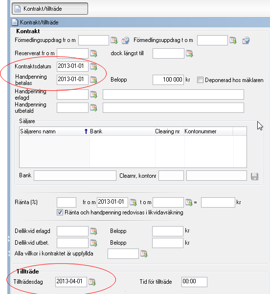 Det är fälten på registerkortet Kontrakt/tillträde som med denna inställning genererar en kalenderhändelse med automatik.