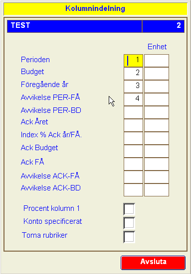 Användarmanual 28 Kolumnindelning (funktionsmeny) Resultaträkning kan visa upp max 4 kolumner med belopp och 2 kolumner med % satser.