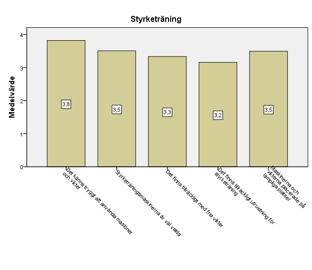 64 keträning fick medeltalet 3,2. Påståendena Det finns tillräckligt med fria vikter och Det finns tillräckligt utrustning för styrketräning fick de lägsta vitsorden.