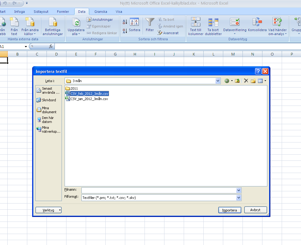 7. Öppna ditt nya, tomma Exceldokument (Excelvers. 2002) som du döpte till TEXT ( ) och välj: Data Importera externa data Importera data. (I Excelvers. 2007: Data Från text). 8.