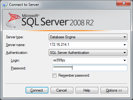 Lär känna MS SQL Server 2008. En första övning. Anslut till MS SQL Server 2008 som finns i den virtuella miljön. Falken har IP nr 172.16.214.1 1.