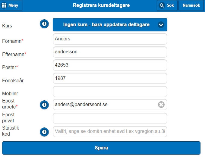 Ändra deltagaruppgifter Du kan rätta basuppgifter och epost för valfri person om du är instruktör.