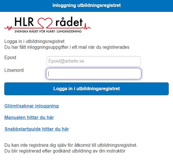 Logga in i registret För att registrera måste man logga in, det gör man med den länken som man fått i mailet när din instruktör registrerat