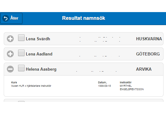För namnsök kan du visa även vilka kurser en viss