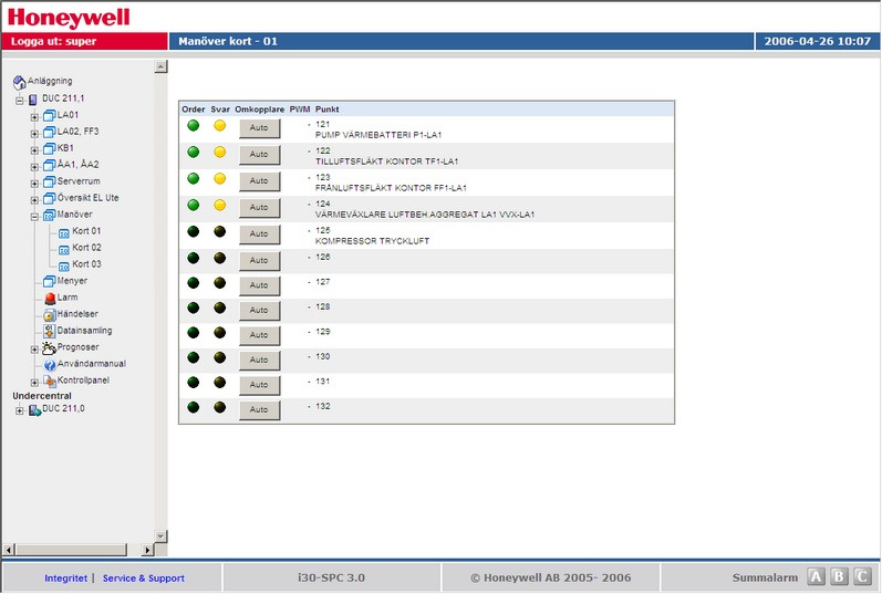 20 Aktiva order från systemet indikeras med grön diod. 4.2.4 Larmlista Definition: Aktivt larm - larm där larmorsaken är uppfylld Kvitterat larm - larm som är kvitterat av användare och uppfylld