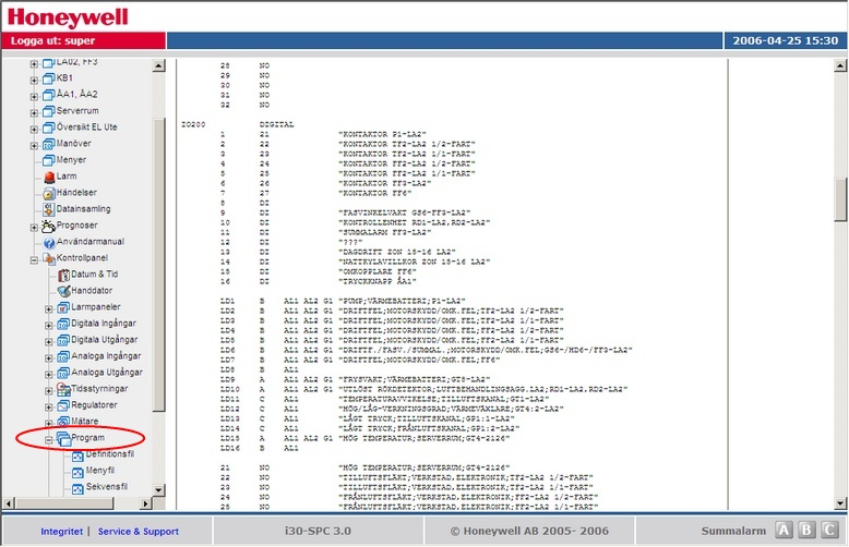 32 Exempel på DEF-fil. 4.2.9.12 Konfigurering Här konfigureras systemets olika delar så som SPC portar och nätverk. 4.2.9.12.1 Användare Här visas anläggningens användare och behörighet.