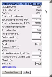 49 Exempel på bild för en regulators sidovärden. 5.2.2.2 Tidkanaler I en tidkanalmeny kan man ändra värdena i de grå fälten och sedan väljer man "Spara inställningar" för att aktivera förändringarna.