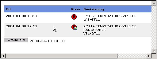 5.2.5 55 Larmlista I larmlistan presenteras systemets aktiva och kvitterade larmer med tid, klass och beskrivning.