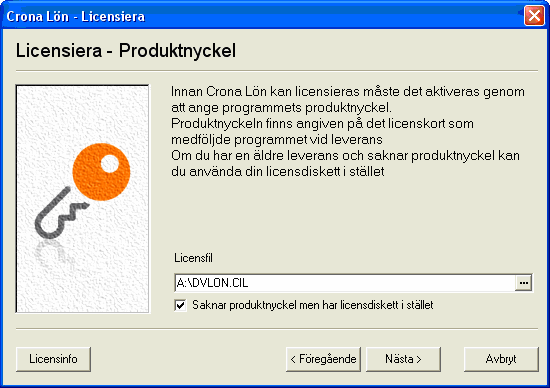Licensiera Çrona Lön Installation Skriv in den produktnyckel som finns på framsidan av ditt Licenskort. Produktnyckeln består av 24 tecken grupperade i sex grupper om fyra tecken vardera.
