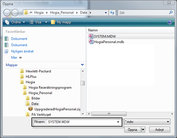 System.mdw Filen System.mdw innehåller användare och behörigheter. När man loggar in i Hogia Personal gör programmet en kontroll mot denna fil samt mot programmets registrerade användare.