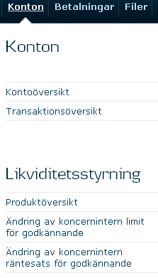 Allmänt Under Likviditetsstyrning i Business Online är det möjligt att hämta information om Cash Pool produkten, Cash Pool - Zero Balancing.