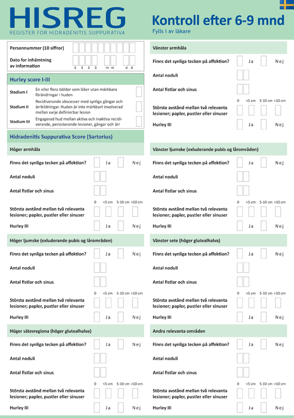 Kontroll läkarformulär Dette är det tredje formulär som ska fyllas i och innehåller frågor om Hurley-score, HS-score, kirurgiska komplikationer och medicinska åtgärder.