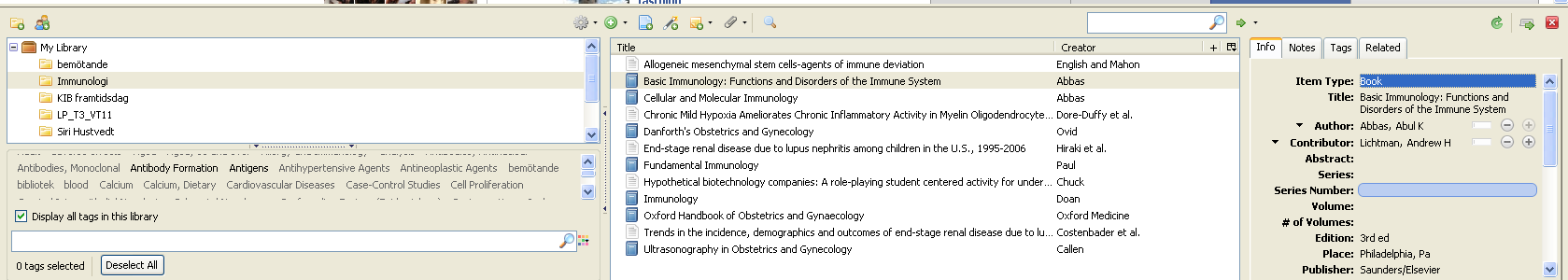 Karolinska Institutet Zotero: En kort handledning 2 (20) Mitt Zoterobibliotek När man klickar på Zotero-ikonen får man fram sitt bibliotek. Det ser ut som i fig 2.