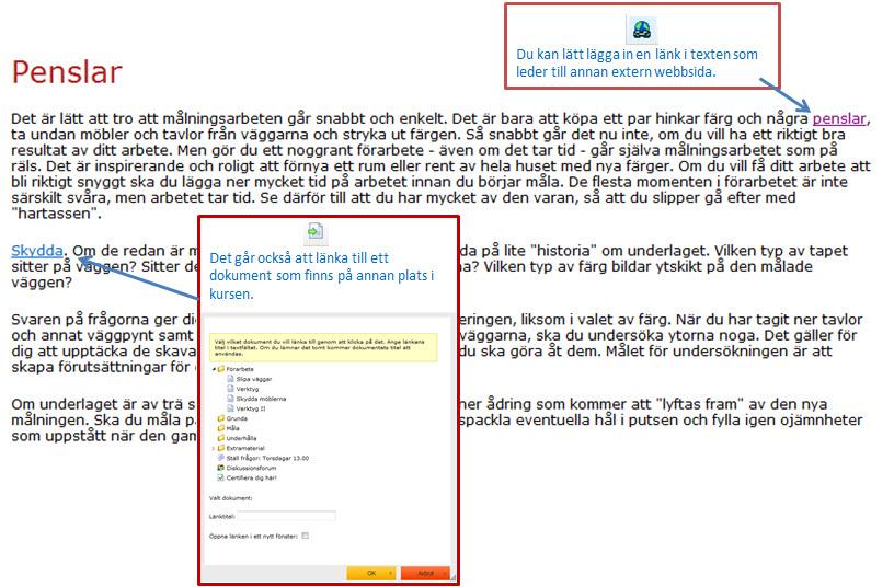 Förutom ren textredigering finns också finesser som att bädda in ett Youtube-klipp på sidan: Länkar till extern hemsida eller dokument på annan plats i kursen: Om du inte