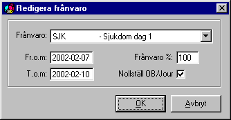 Kapitel 10 Ekonomidel - Tidrapportering Redigera frånvaro Denna rutin kan du använda om du vill ange frånvaro under en period.