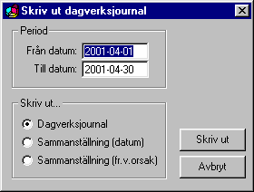 Kapitel 11 Ekonomidel - Dagverksjournal Skriv ut Med hjälp av funktionen Skriv ut kan du skriva ut någon av de tre rapporter som finns tillgängliga för dagverksjournalen.