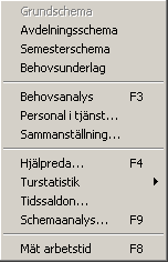 Kapitel 4 Grundschemat Granska menyn Grundschema Växlar till grundschemat. I detta läge lägger du schema för en person i taget. Avdelningsschema Växlar till avdelningsschemat.