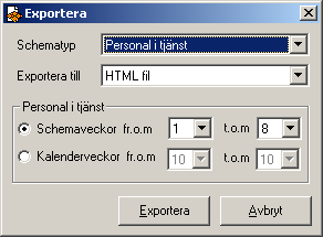 Kapitel 4 Grundschemat Exportera Detta är en funktion i Schemalätt som gör det möjligt för dig att exportera ett arbetsschema till ett format som sedan kan läsas av ett annat program.