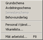 Kapitel 5 Semesterschemat Granska menyn Grundschema Växlar till grundschemat (personligt schema) I detta läge lägger du schema för en person i taget. Avdelningsschema Växlar till avdelningsschemat.