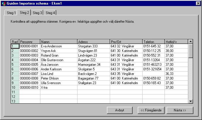Kapitel 8 Ekonomidel Importera ett schema Importera - steg 2 Personuppgifter I detta steg kontrollerar du att personuppgifterna på det aktuella schemat är korrekta.