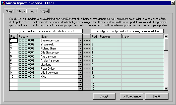 Kapitel 8 Ekonomidel Importera ett schema Importera - steg 4 Fördela personal på rader Här bestämmer du på vilka schemarader i ekonomidelen som personalen från det importerade schemat skall placeras.