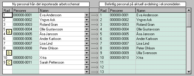 Kapitel 8 Ekonomidel Importera ett schema Om du inte gjort några förändringar i det importerade arbetsschemat kommer importguiden att placera ut personalen på samma sätt som när du importerade