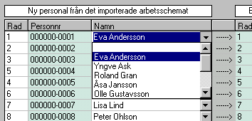 Kapitel 8 Ekonomidel Importera ett schema Om du själv vill välja var du vill placera din personal gör du det genom att klicka på dropplistan i fältet Namn.