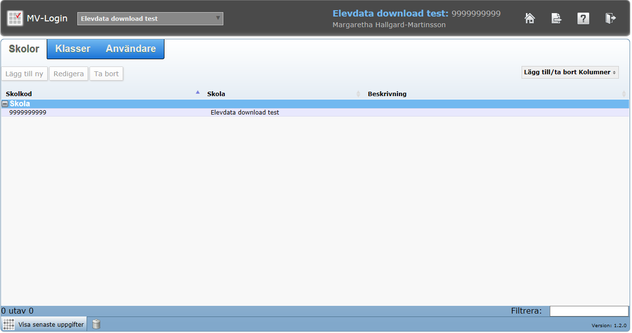 22 Kapitel 5. Administrera På sidan Administrera är det möjligt att administrera skolor, klasser och användare manuellt i MV-Login.