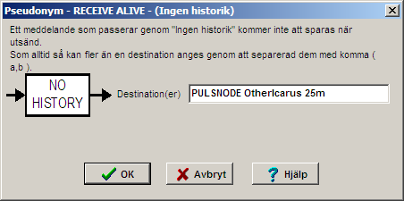 Ange port nummer (2000) Ange destinationen RECEIVE ALIVE I Icarus Server, lägg till ny pseudonym, välj funktionen Ingen Historik och ge den namnet RECEIVE ALIVE.