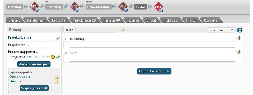 3.6 Läsa och skriva projektdokument Projektdokument kan läsas i flödesschemat. Klicka på aktuell projektfas för att se dokument i den fasen. I bilden nedan har fasen Initiering öppnats.