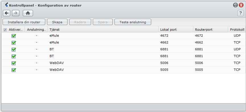 Gå till Huvudmeny > Kontrollpanel > Konfiguration av router för att ställa in regler för router och vidarebefordring av port. Obs!