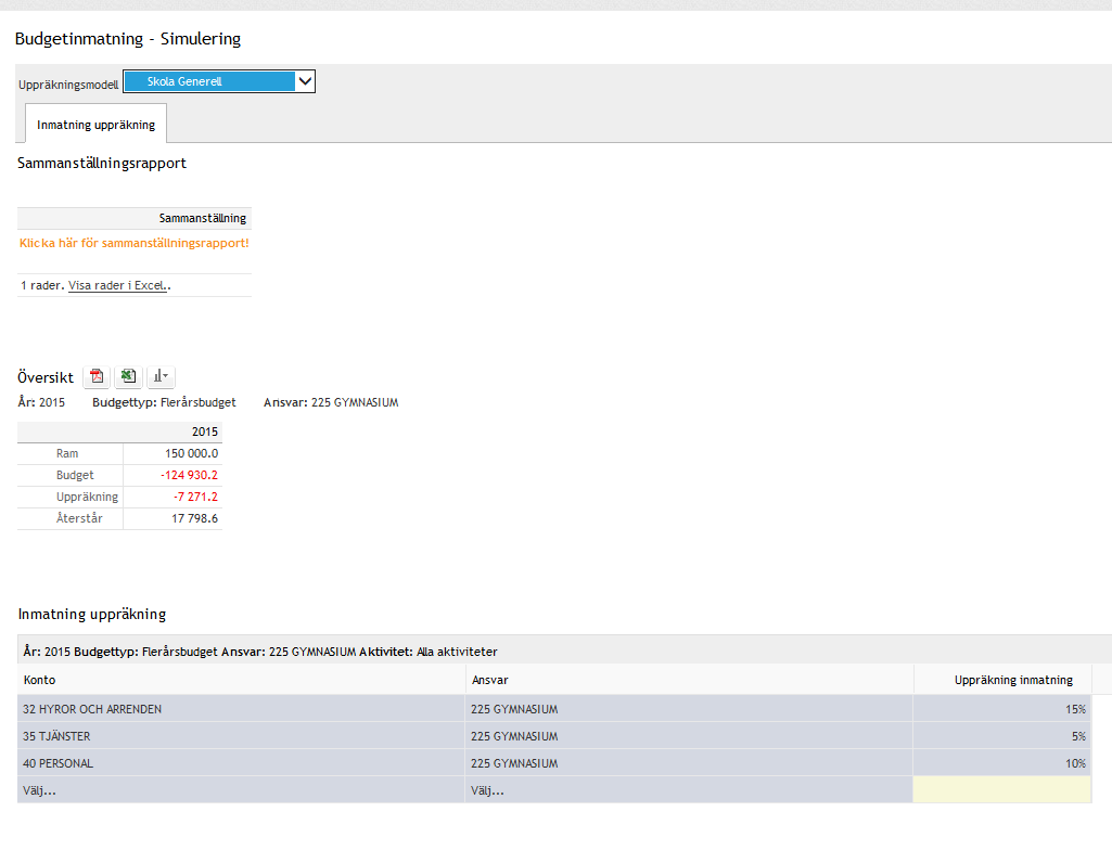 10.3 Simuleringskörning Simuleringskörningen som skapar data som justerar budgeten efter inmatade uppräkningsrader aktiveras via knappen Kör simulering.