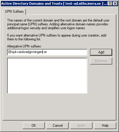 3. Mata in det alternativa UPN et och acceptera. Skapa användare Gå in i Active Directory Users and Computers, och skapa en användare. Användarens login namn (User logon name) skall vara HSA-ID.