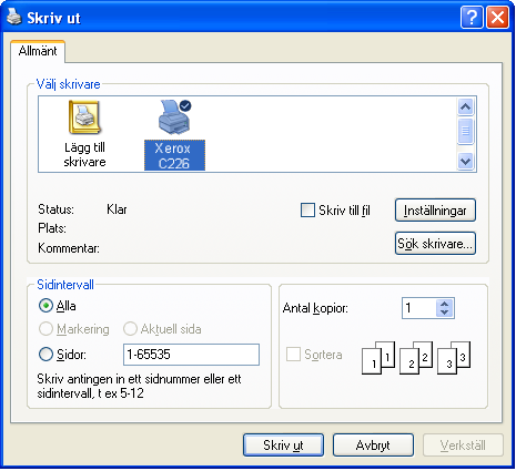 Ställa in skrivarens drivrutiner 2. Välj [Skriv ut] på [Arkiv]-menyn i WordPad. Utskriftsfönstret visas. Utskriftsfönstret i Windows Me Utskriftsfönstret i Windows XP Xerox C226 3.