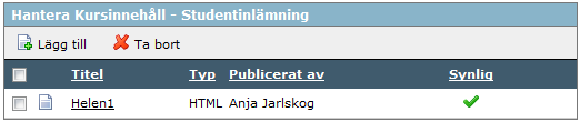 5.3.6. Studentpublicering Här kan du som kursdeltagare publicera filer i navigationsträdet. De gröna mapparna i trädet är så kallade studentmappar. Studentmapparna visas i en lista.