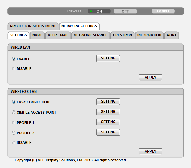 3. Behändiga funktioner NÄTVERKSINSTÄLLNINGAR SETTINGS WIRED eller WIRELESS SETTING APPLY DHCP ON DHCP OFF IP ADDRESS SUBNET MASK GATEWAY AUTO DNS ON AUTO DNS OFF Inställning för WIRED LAN ENABLE