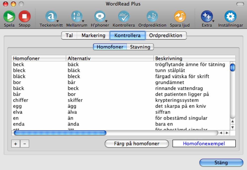 Kontroll inställningar Från Stavnings fliken i inställningar kan du ställa in Homofon och Stavnings inställningar.