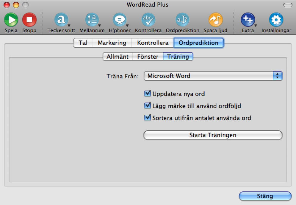 Från dialogen ovanför kan du träna den aktuella prediktionen i WordRead Plus. Träna prediktionen 1. Välj varifrån du vill träna prediktionen: Microsoft Word eller Urklipp. 2.