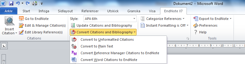 6. Det finns också möjligheter att på olika sätt komplettera citeringars utformning. Markera citeringen i texten, välj Edit & Manage Citation(s) / Edit Citation / Formatting. Man kan t.ex. ta bort författare eller årtal eller lägga till sidnummer.