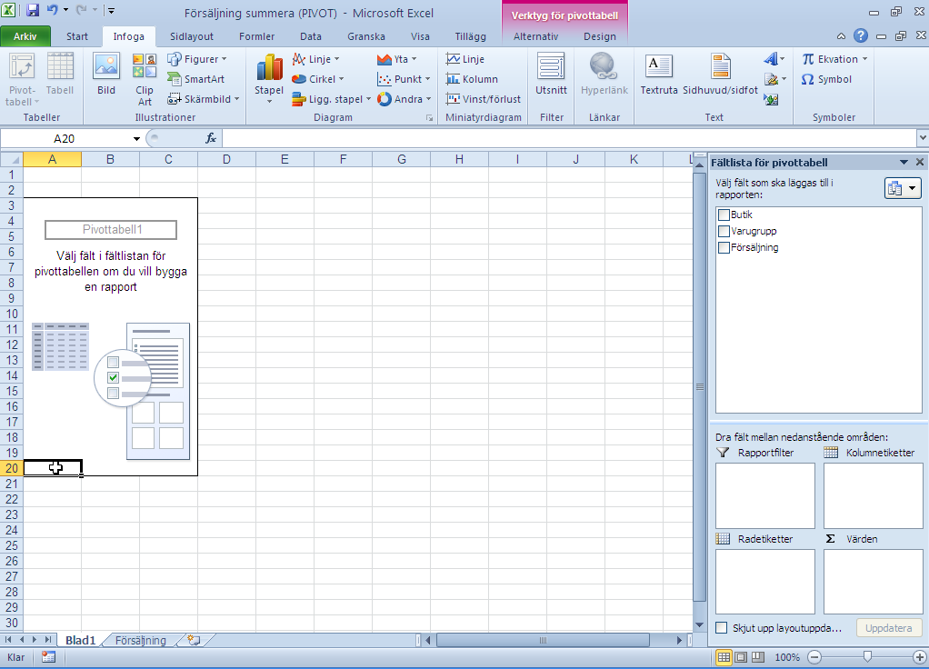 Pivottabeller Pivottabeller har blivit enklare att använda. Klicka på menyfliken Infoga. Klicka sedan på Pivottabell: 1.