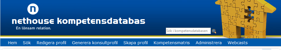 Bilaga E Slutprodukt Denna del beskriver samtliga verktyg i Kompetensdatabasen. Övergripande meny Menyn som alltid är synlig visar samtliga verktyg i systemet.