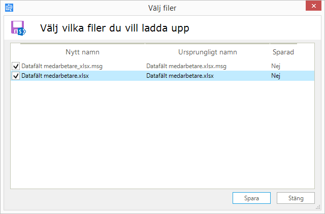 Dialogen visar alla bifogade filer och/eller alla e-postmeddelanden som valts i en lista. I listan kan användaren kryssa bort enskilda dokument om inte alla dokument ska sparas.