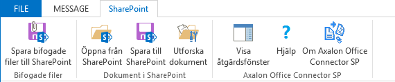 Klicka på någon av följande knappar i Connectorns verktygsfält: Spara bifogade filer till SharePoint Spara till SharePoint Den första knappen Spara bifogade filer till SharePoint används då bifogade