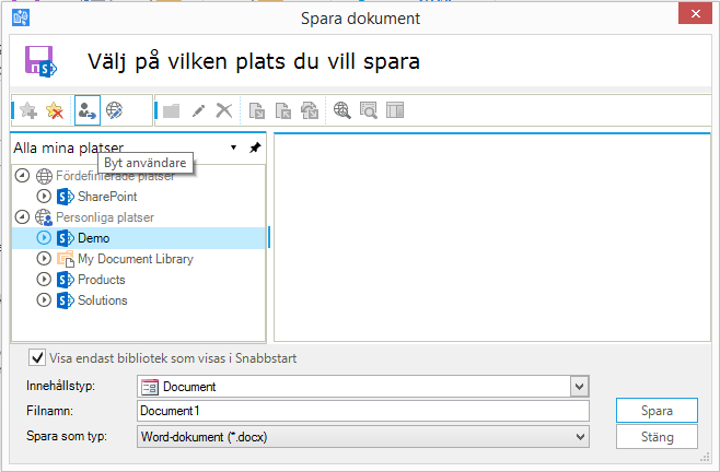 Logga in som en annan användare Normalt använder Connectorn inloggad användare på datorn för all åtkomst till platser och dokument i SharePoint.