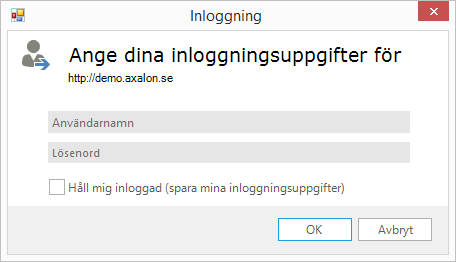 Användaren anger här användarnamn (domän\användarnamn) och lösenord och trycker OK för att logga in som angiven användare.