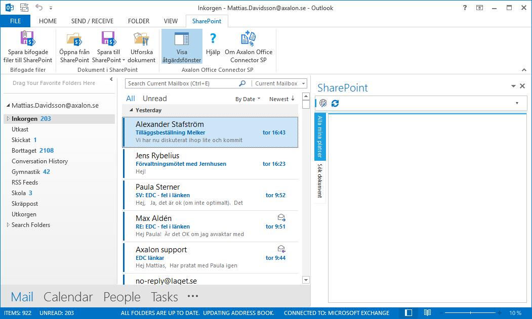 Använda Connectorns åtgärdsfönster i Outlook Connectorn erbjuder användaren ett åtgärdsfönster i Outlook som kan aktiveras både i Outlooks huvudfönster och i fönstret som visar ett e-postmeddelande.