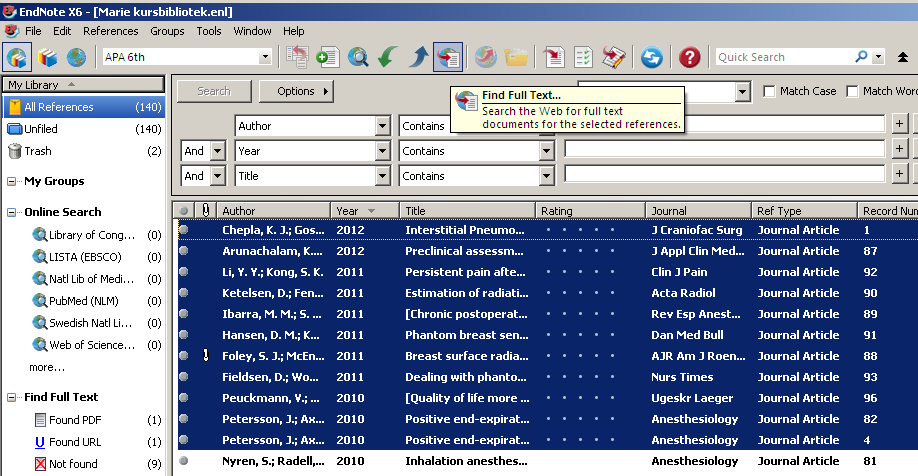 Hitta fulltexter 1) Automatiskt. A) Markera referensen/referenserna. B) Klicka på ikonen Find Full Text eller References/Find Full Text/Find Full Text.